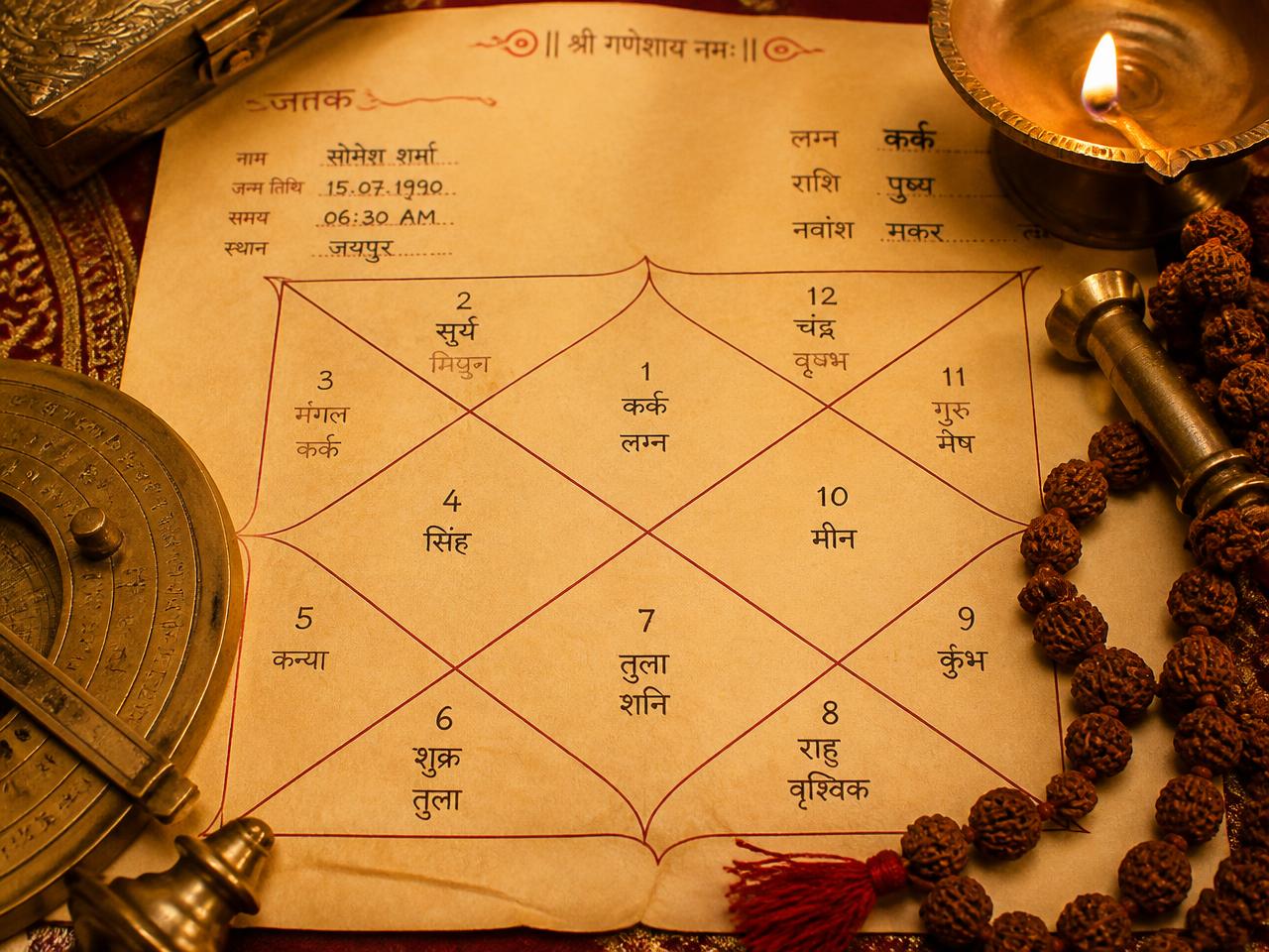 Traditional janam kundali chart with brass astrology instruments