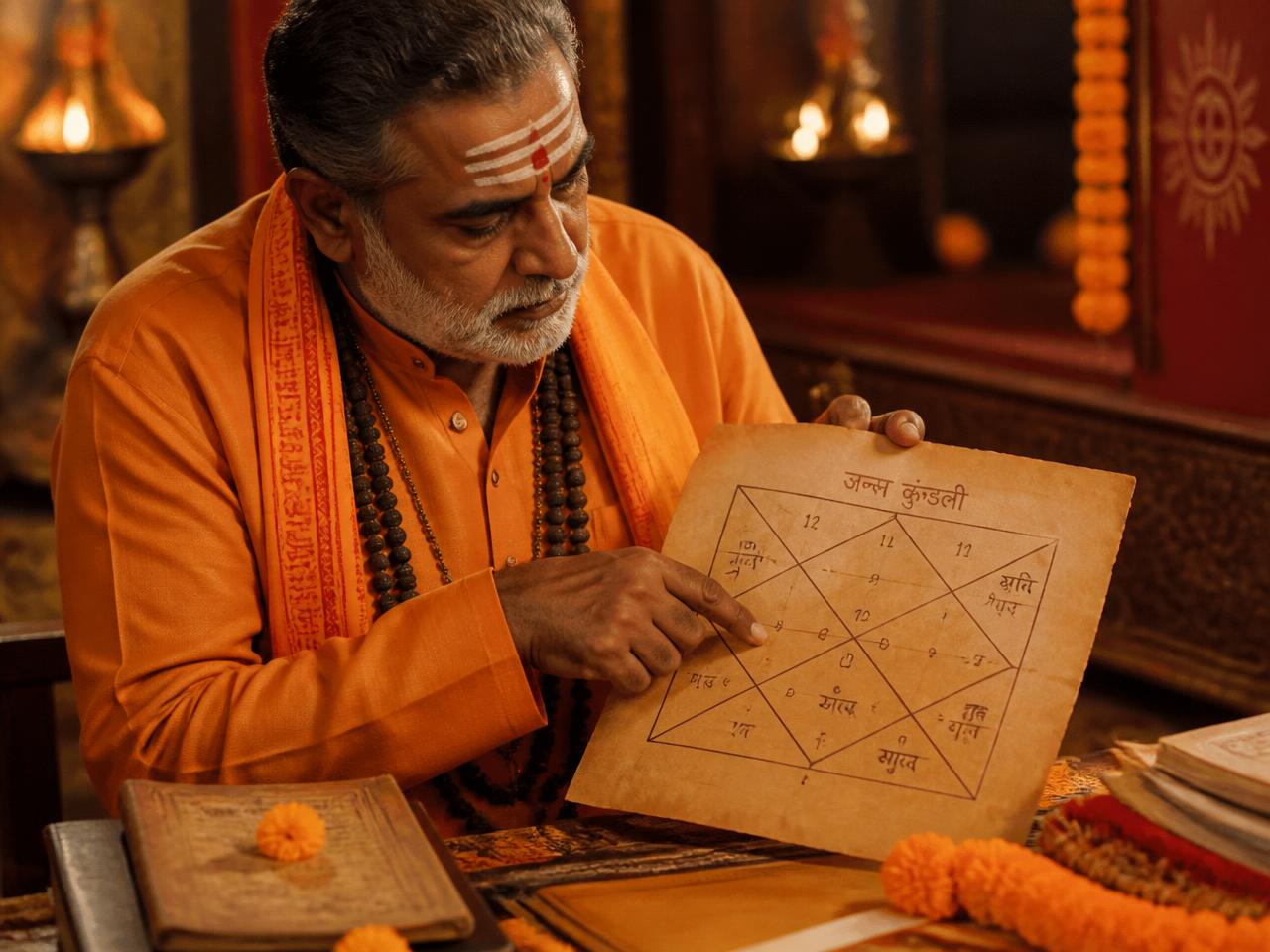 Pandit reading a janam kundali birth chart by lamplight